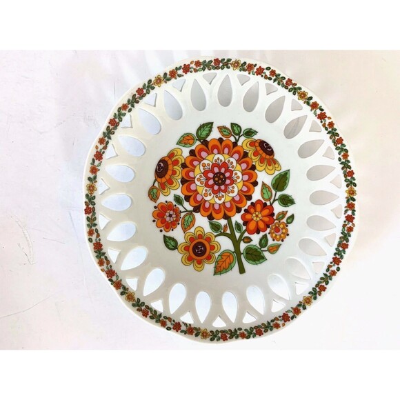 Lot of 2 Schmidt Porcelana Porcelain Brasil MOD FLOWER RETRO Plates Reticulated - Picture 4 of 5